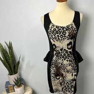VTG Chesley Dress Fitted Bodycon Animal Print Ruffle Edge Peplum Size Medium